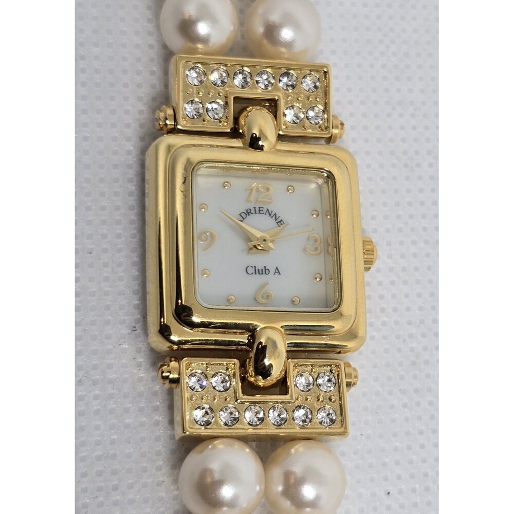 Women's Adrienne Club A Fancy Gold Tone Rhinestone Pearl Bracelet Band Watch 10 - Picture 7 of 9